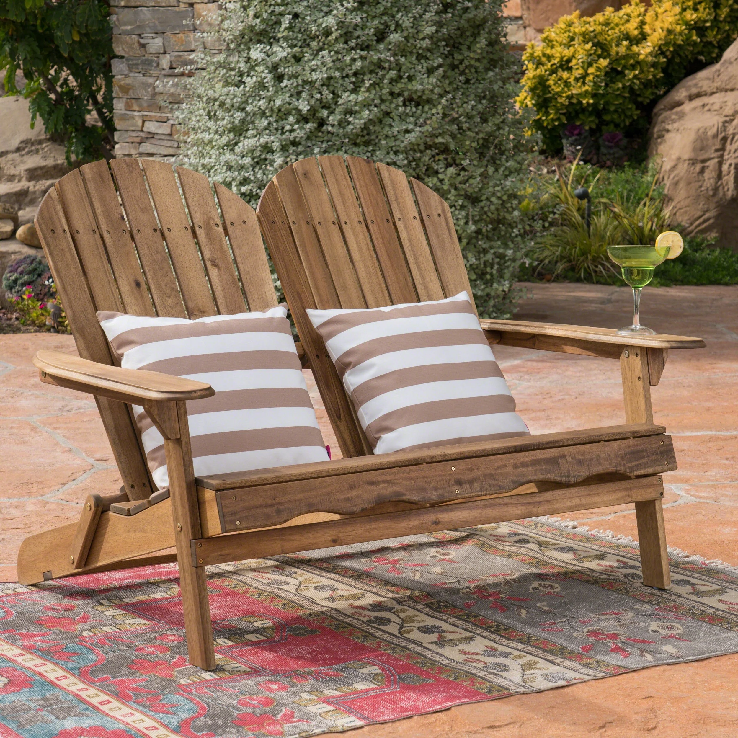 Roomfitters Double Adirondack Chair with Wide Armrests and Curved Backrest, Solid Wood Outdoor Loveseat Bench, Natural