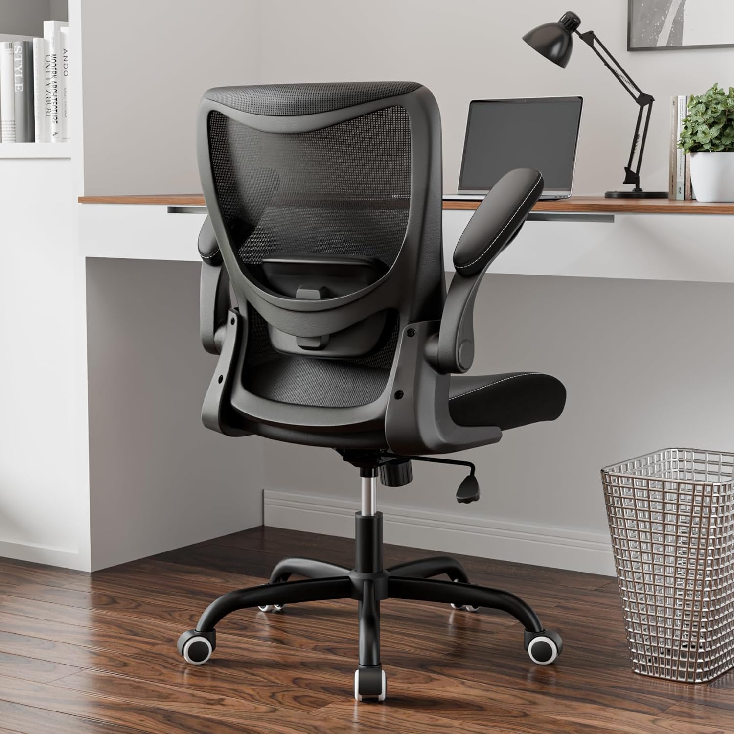 MUXX.STIL Office Chair, PU Leather Ergonomic Desk Chair with Adjustable Lumbar Support and Flip up Armrest, Breathable Mesh Computer Chair for Home Office, Black