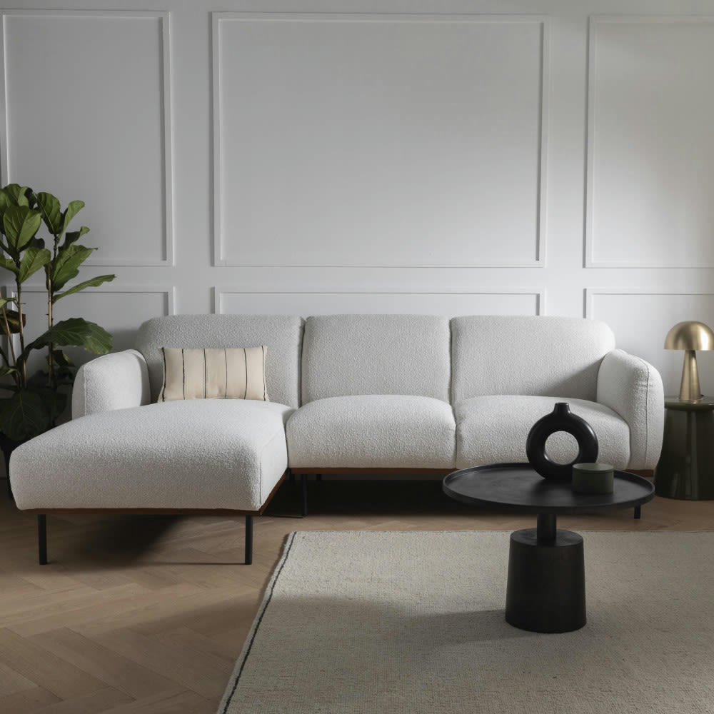 NILSA - Canapé d'angle gauche 3 places en tissu bouclette écru chiné