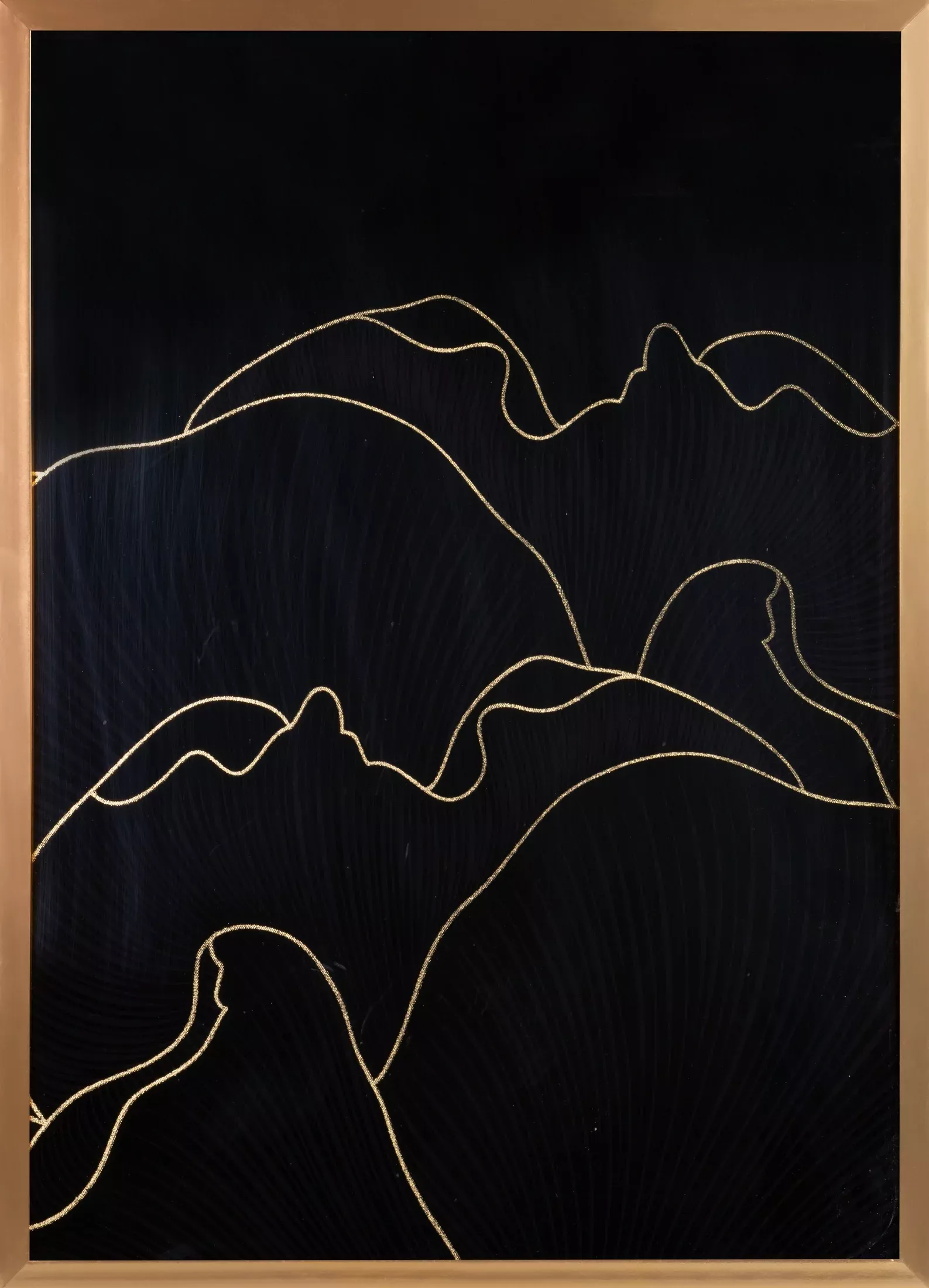 Obraz abstrakcja czarny ze złotym błyszczącym nadrukiem w złotej ramie 53x73 cm PEONIA 1 LIMITED COLLECTION