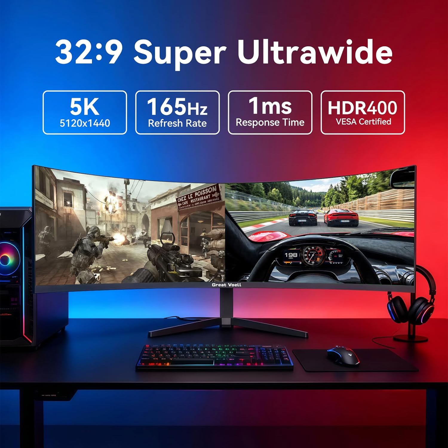 49 Inch Curved Gaming Monitor  32:9 DQHD 5K 165Hz 1ms Ultrawide Display  1500R Immersive Curvature  HDR400  127% sRGB  FreeSync  HDMI/DP  VESA Mountable for Gaming & Productivity
