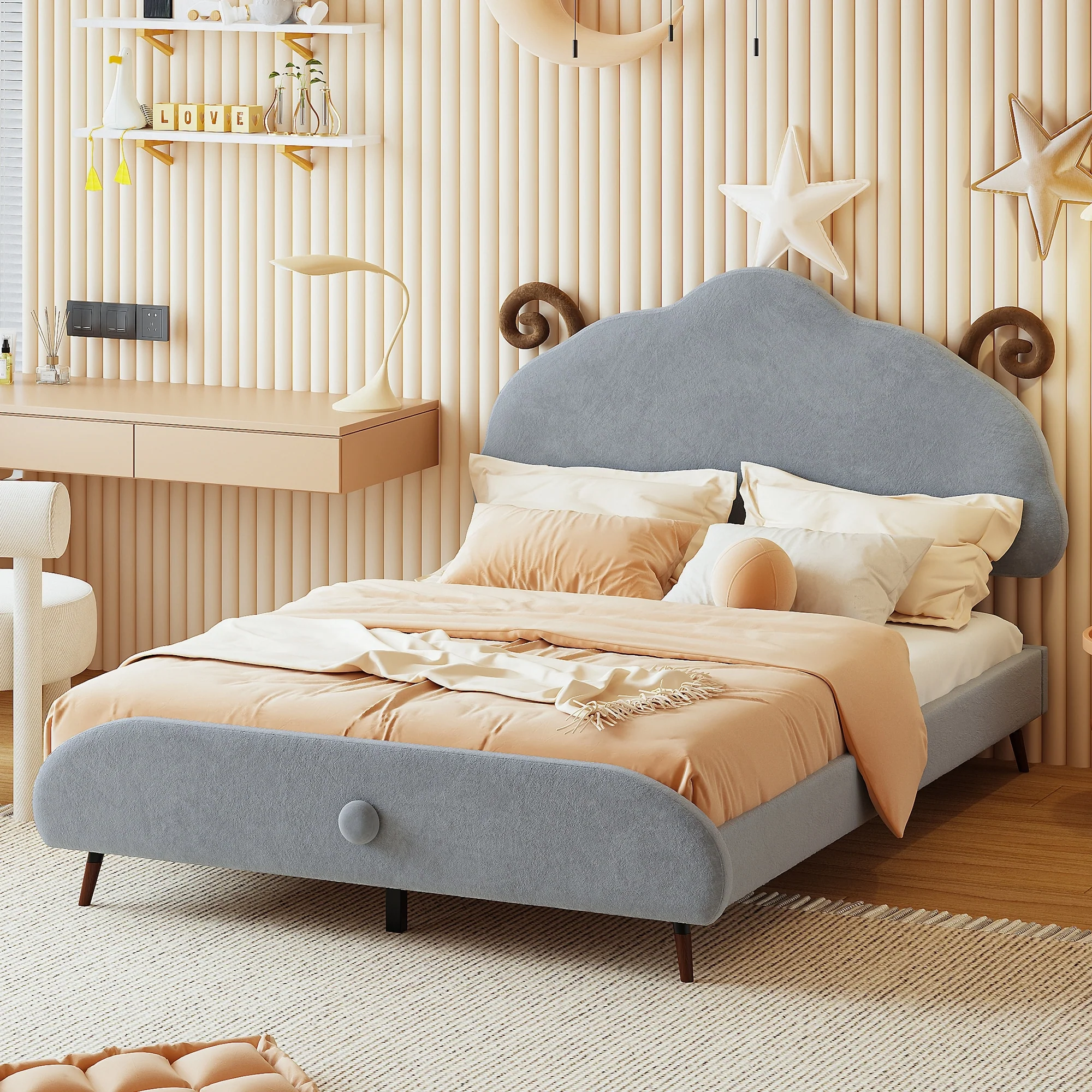 Whimsical Full Size Upholstered Bed with Sheep Horn Design - Perfect for Kids' Rooms
