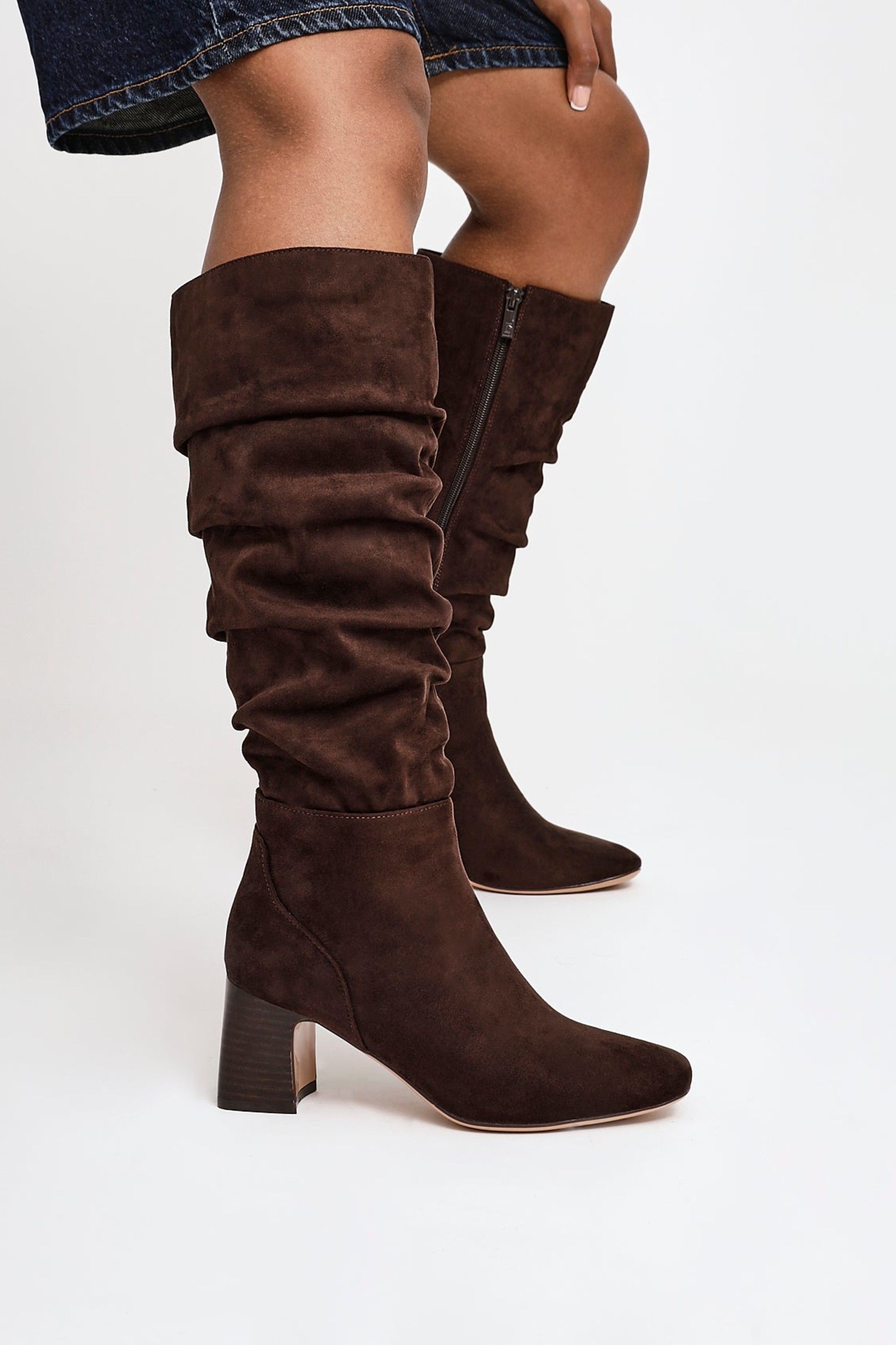 Linzi Alpine Dark Brown Faux Suede Ruched Long Boot