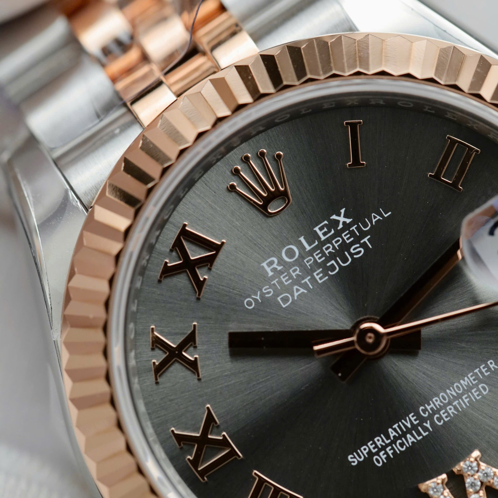 Rolex Datejust SS/RG Plated Grey Dial CZ Diamonds 31mm Jub THBF Replica