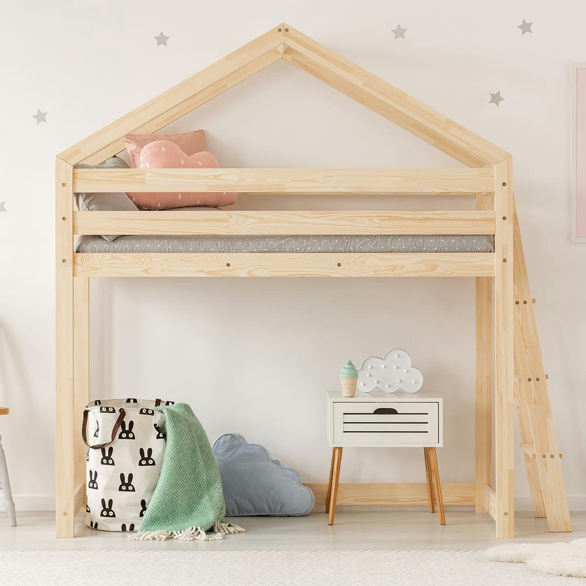 ALIX - Lit cabane mi-hauteur 70x140 sommier inclus naturel
