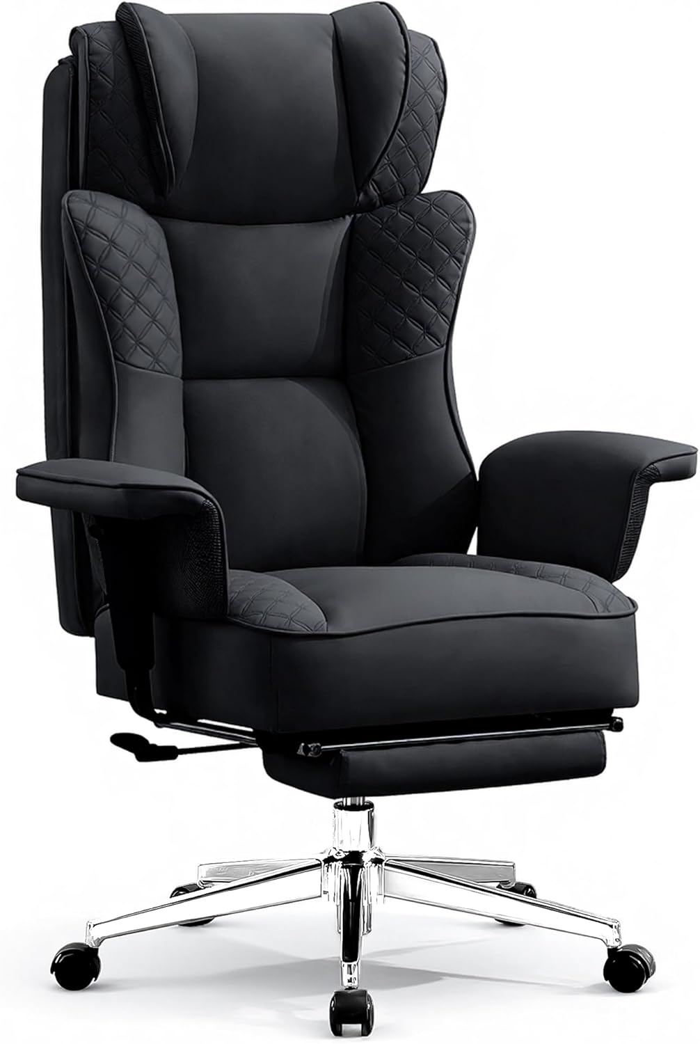 Big and Tall Office Chair, Ergonomic Leather Reclining Chair with Footrest, High-Back Comfy Executive Computer Desk Chairs with Lumbar Support, Wide Seat, 400LBS (Black)