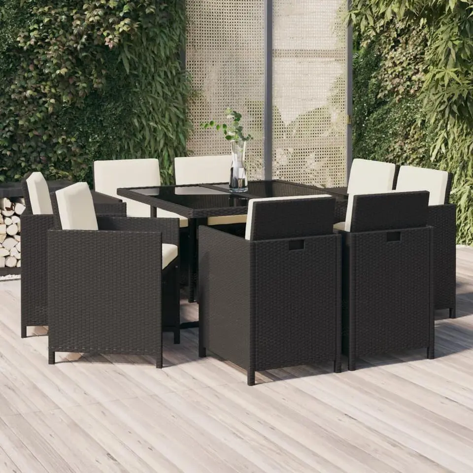 vidaXL - 9-delige Tuinset wit kussens - Zwart poly rattan en glas - 109x107 cm