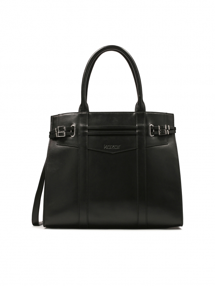 Black handbag decorated with buckle straps