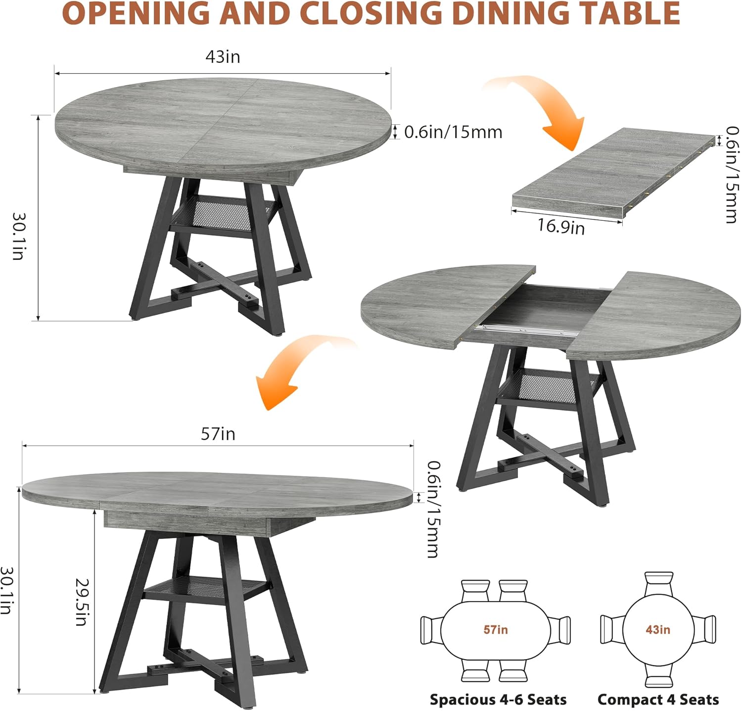 43‘’-57‘’ Extendable Round Dining Table for 4-6, Modern Industrial Kitchen Oval Dining Table with Removable Leaves, Space Saving Pedestal Base with Storage Shelf for Kitchen Living Room (Grey)