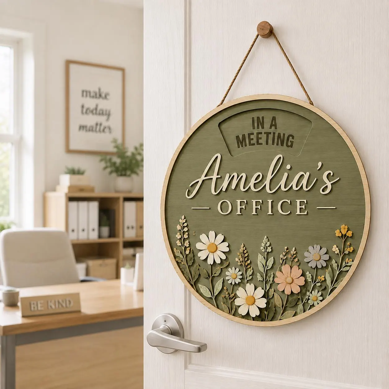 Custom Wooden Office Door Sign, Personalized Office Name Plaque with In Meeting Sign, Floral Office Decor, Business Office Gift for Her