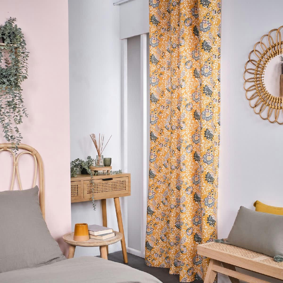 SHIVA - Rideau oeillets floral en coton vert 140x240