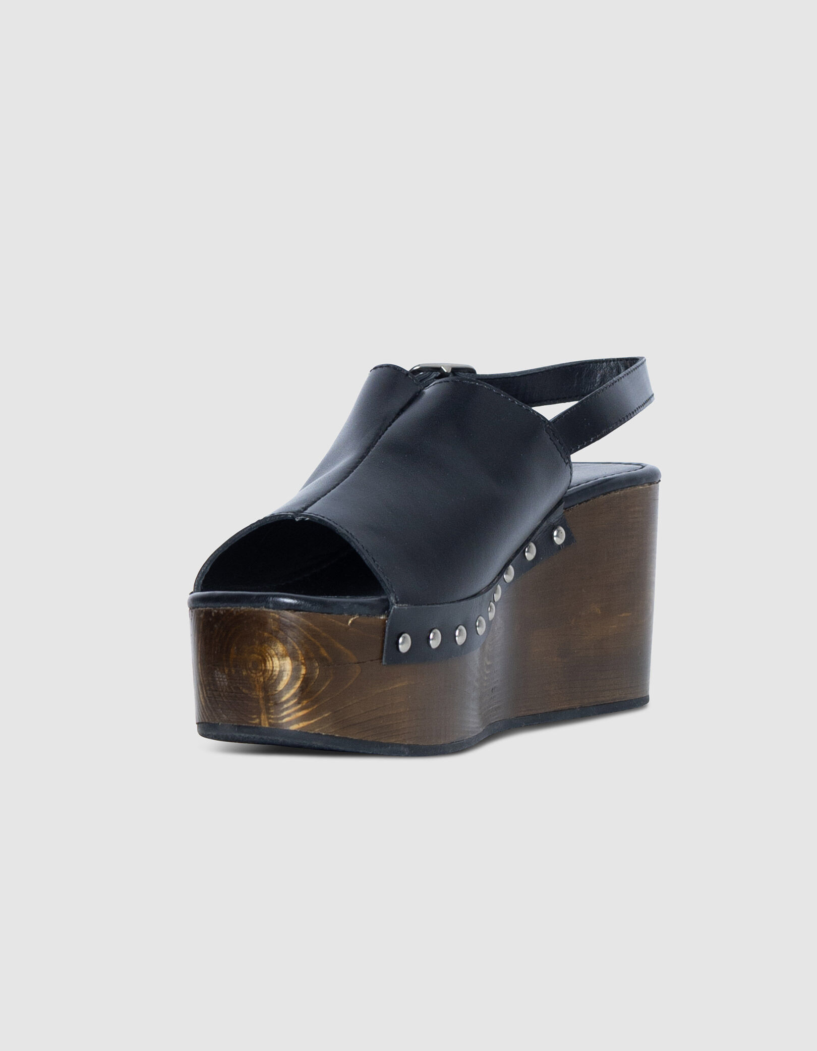 Sandales compensées noir cuir Femme