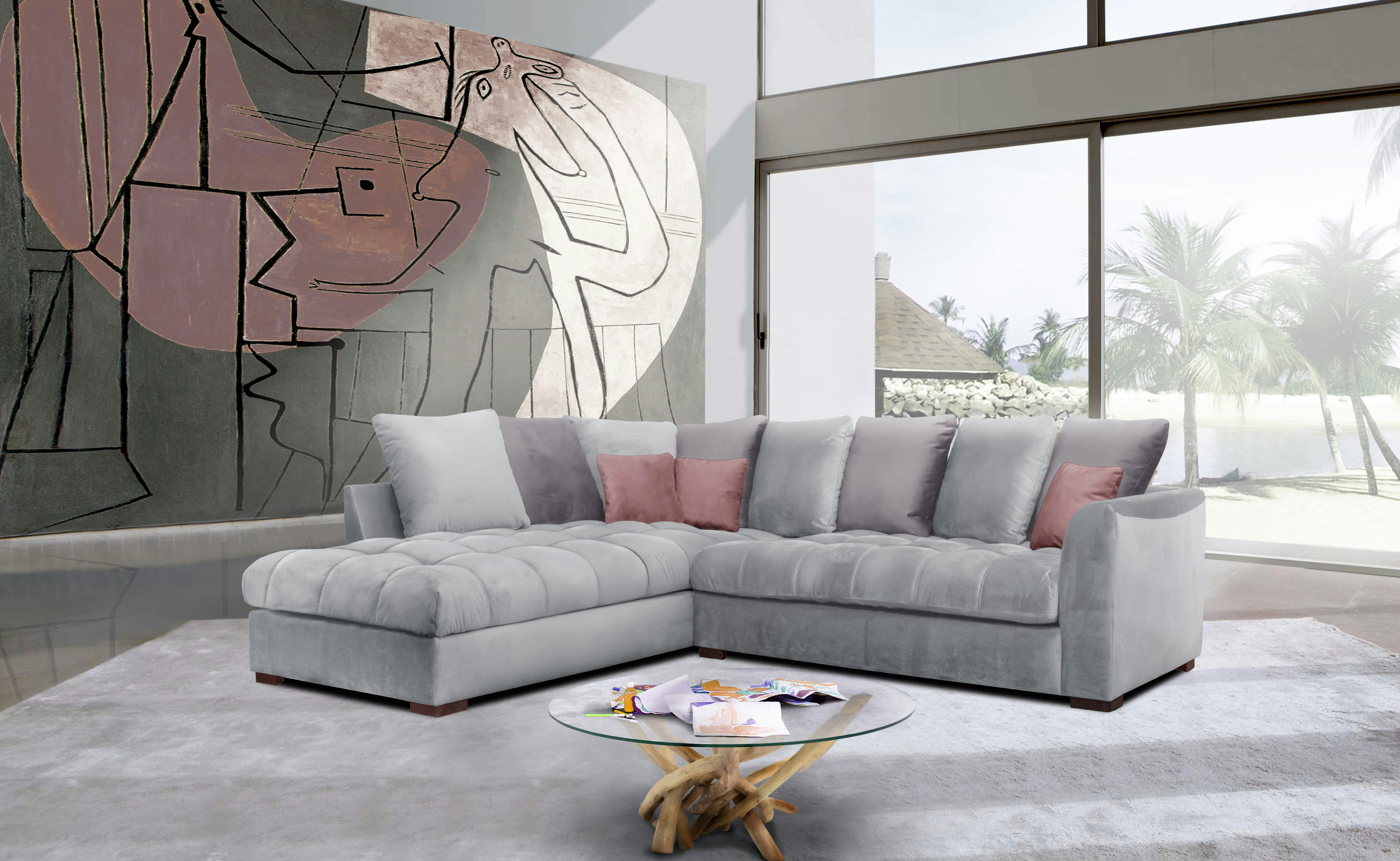 BARDI - Canapé d'angle gauche 5 places tissu gris