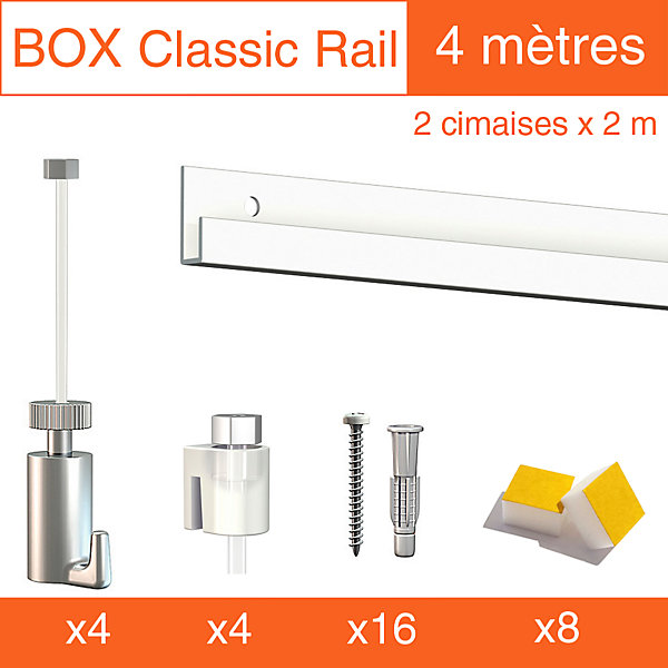 Cimaise Box Artiteq Classic PREMIUM   fils perlon - Kit accrochage tableau 4 mètres , Blanc laqué