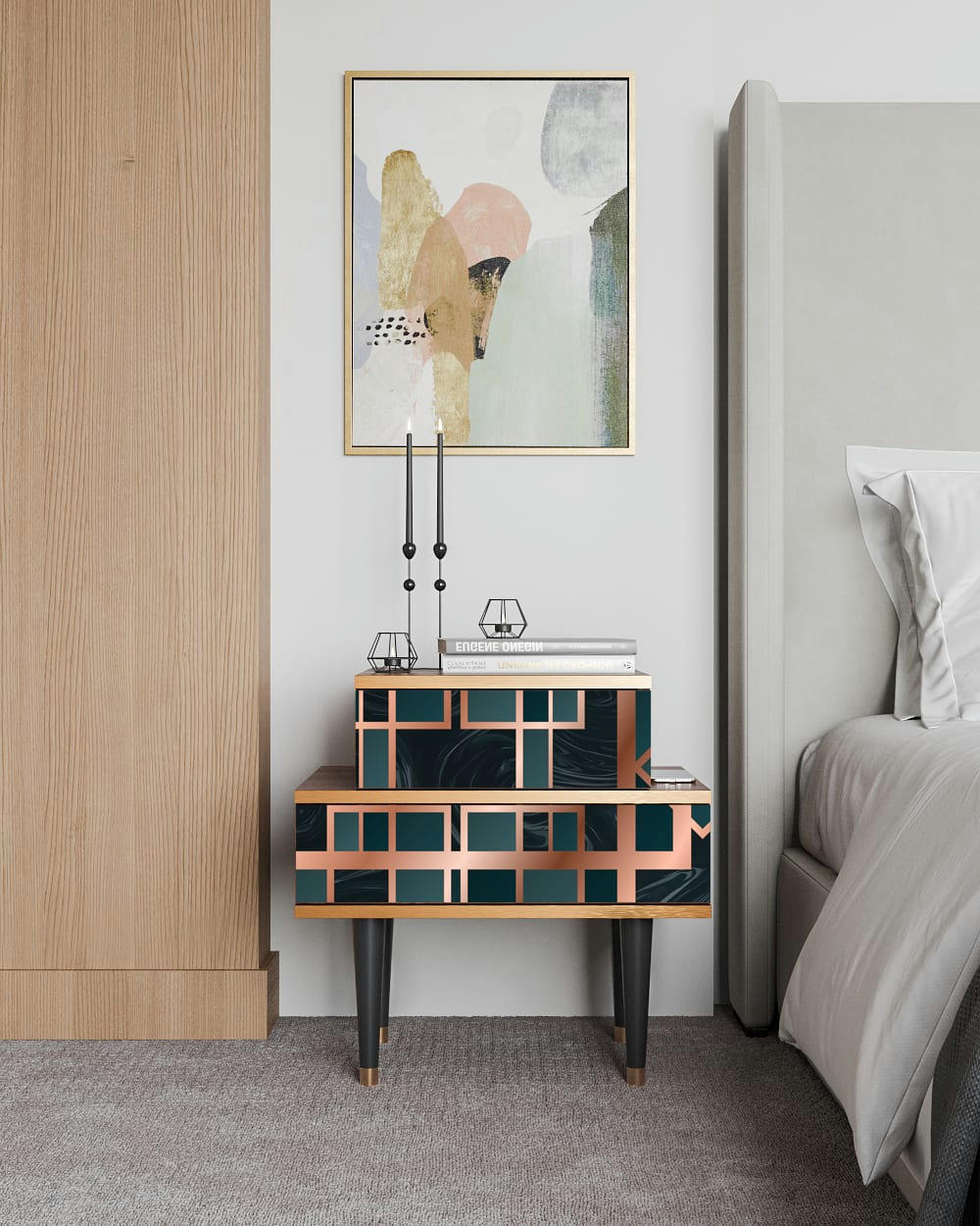 EMERALD METRO - Table de chevet bleu-vert 2 tiroirs L 58 cm