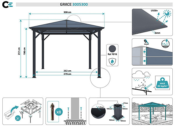 Kiosque de jardin GRACE 3x3m aluminium Gris anthracite