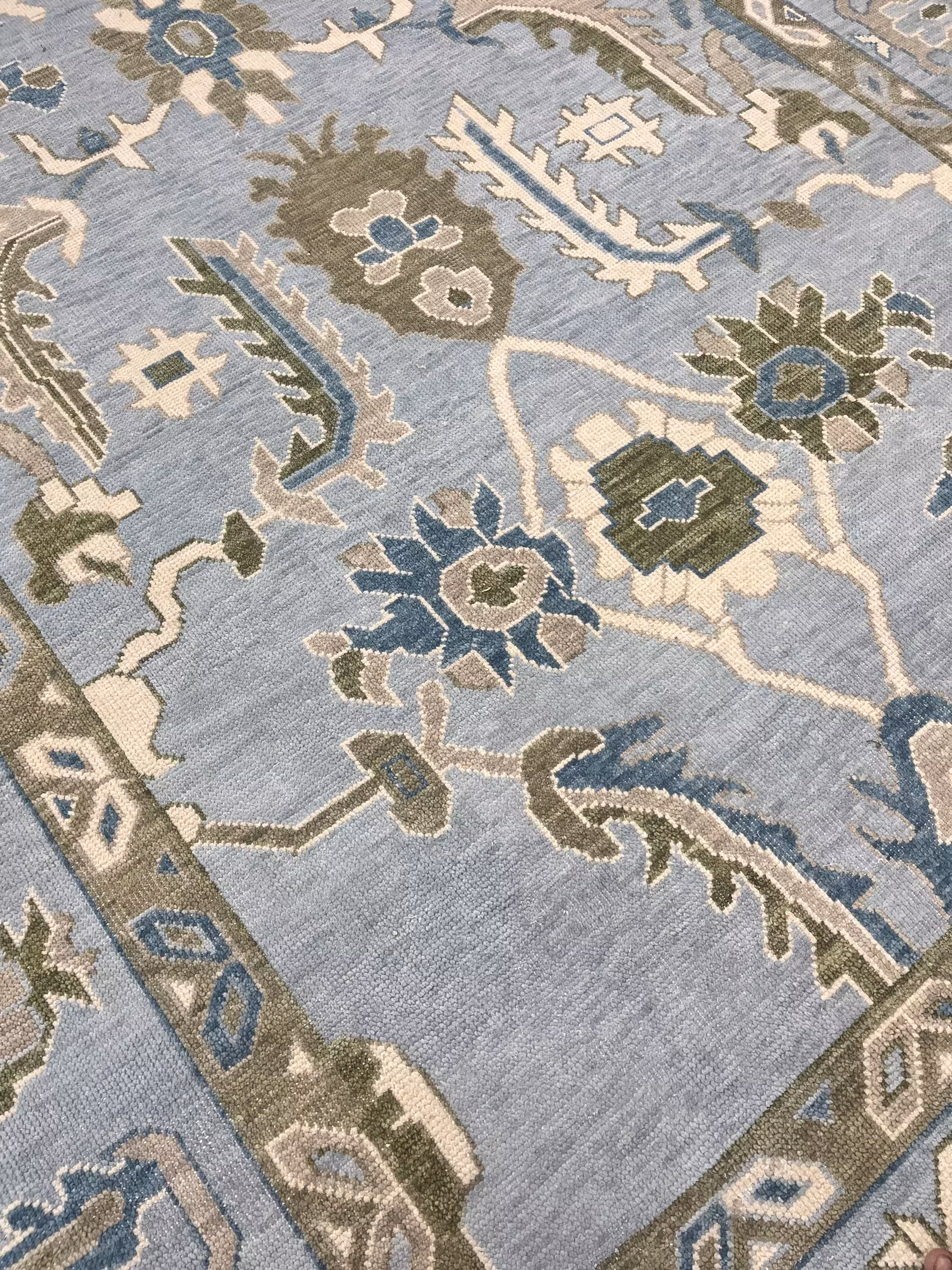 8x10 Hand-Knotted Wool Oushak Rug | Green Floral Turkish Carpet for living room