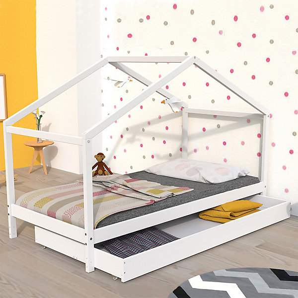 Lit cabane enfant 90x190cm bois massif KITO blanc inclus sommier et tiroir