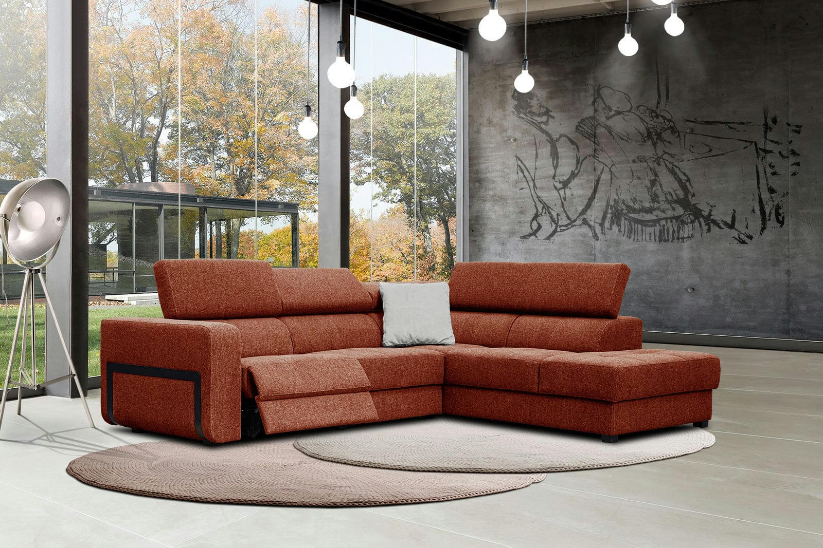 BERGO - Canapé d'angle droit 5 places avec une relax électrique tissu brique