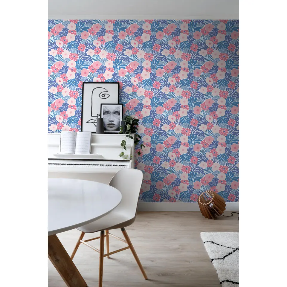 ESTAhome behang bloemen in Matisse stijl blauw en roze - 50 x 900 cm