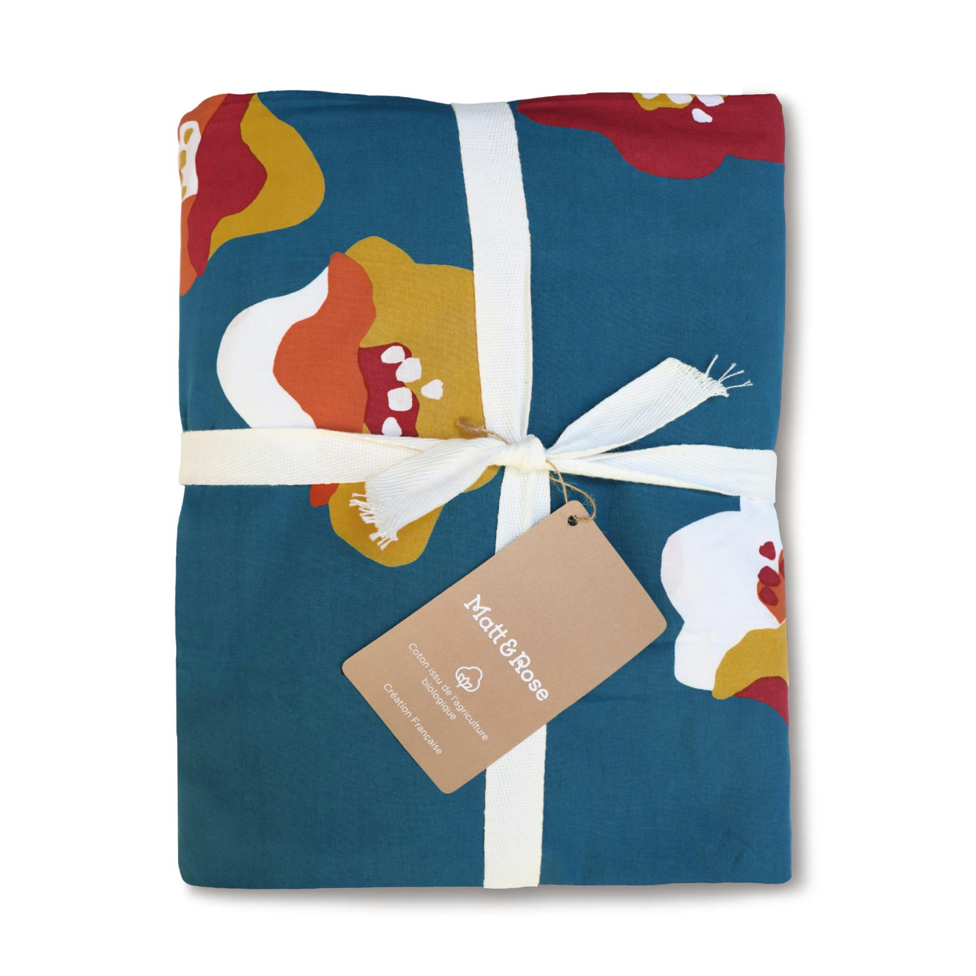 NARCISSE - Housse de couette imprimée en percale de coton BIO Bleu Paon 240x220cm