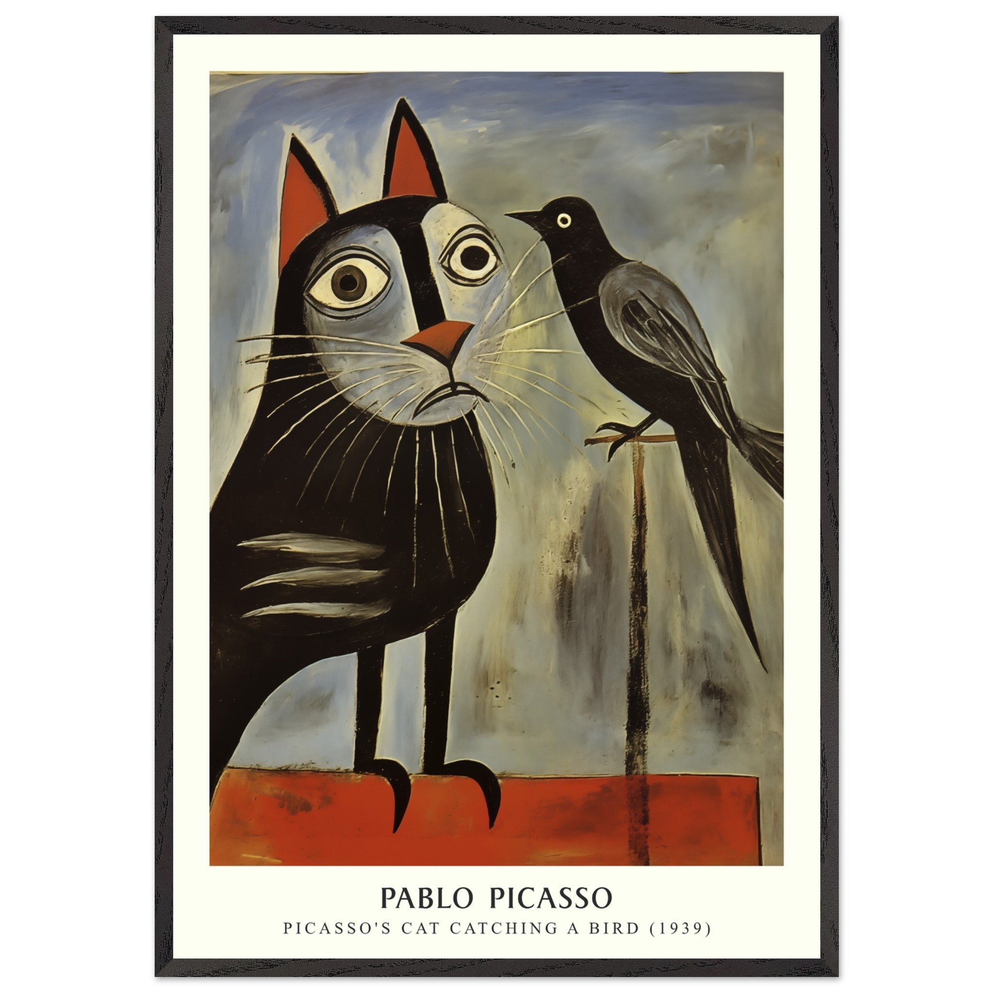 Artfulprints Poster met Lijst Pablo Picasso - Picasso's cat catching a bird  - 70x100 cm - Grijs
