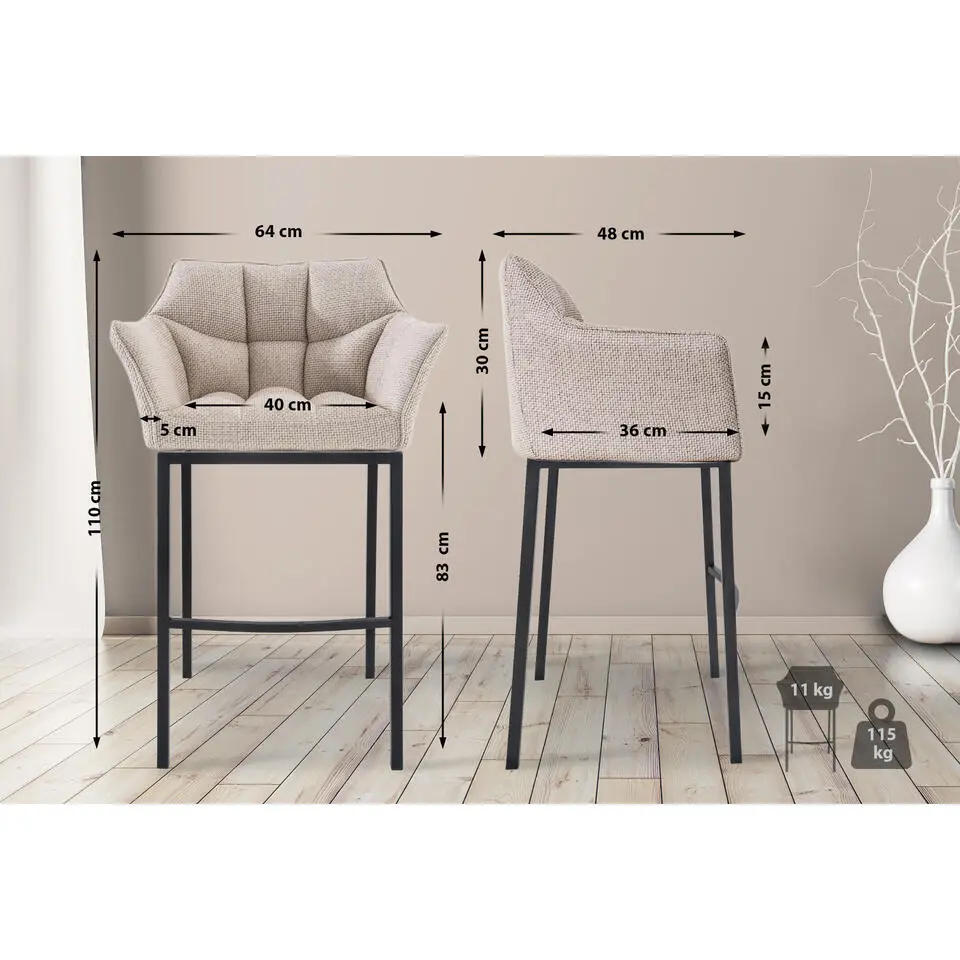 CLP Barkruk Damaso zwart Frame - Stof - ivoor