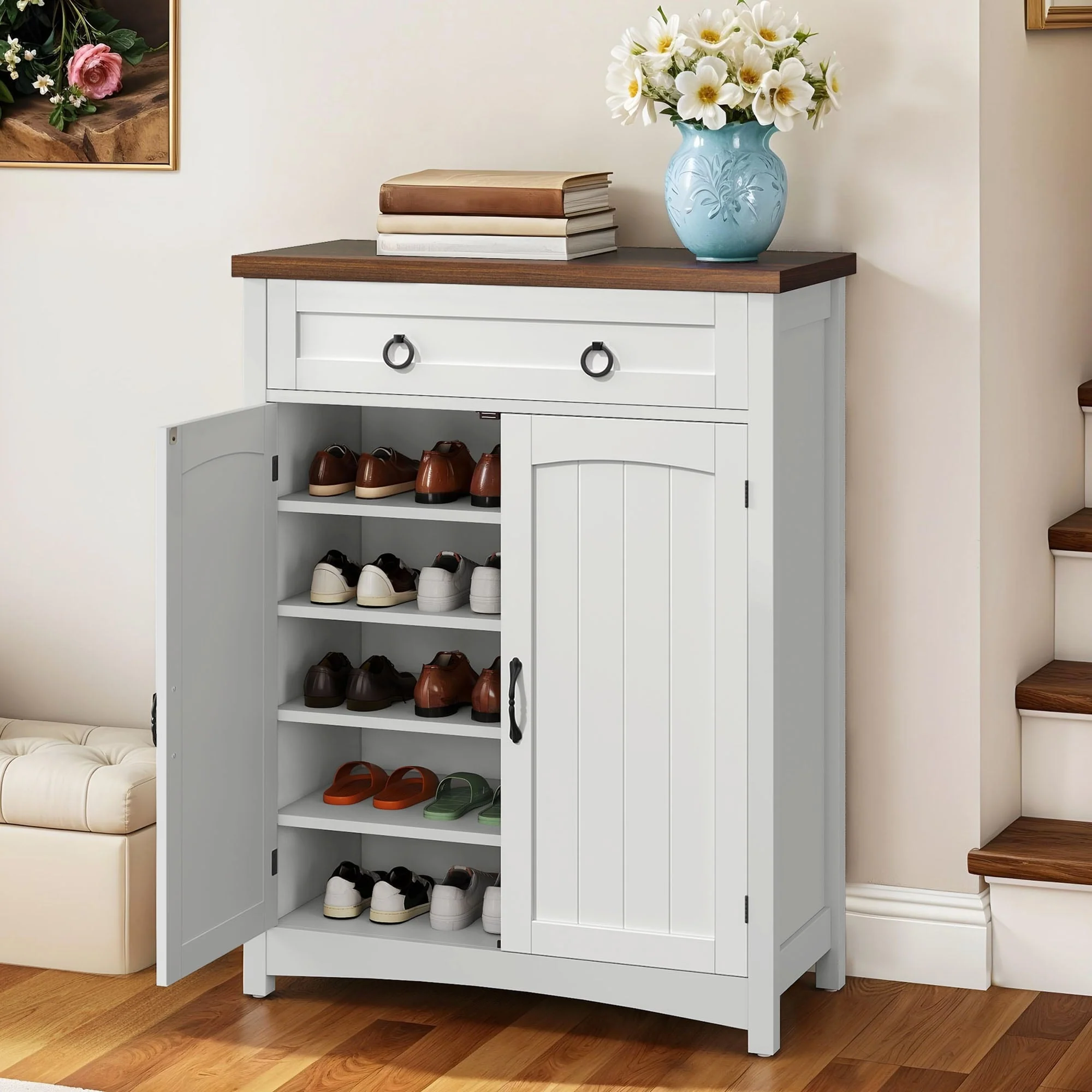Moasis 5-Tier Farmhouse Shoe Cabinet with Drawer and Door, 20 Pairs Shoes Storage Organizer for Entryway