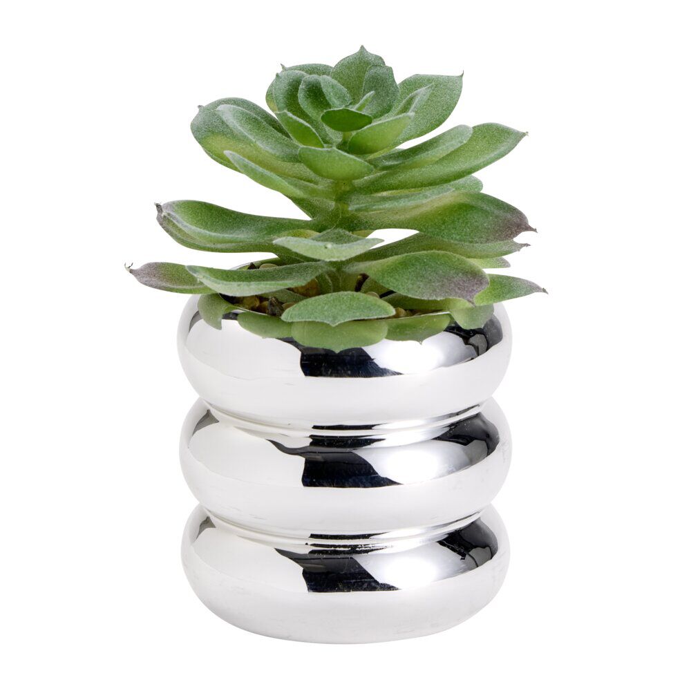 Plante grasse artificielle dans pot dolomite gris chromé Ø8xH13,5cm (3 modèles)