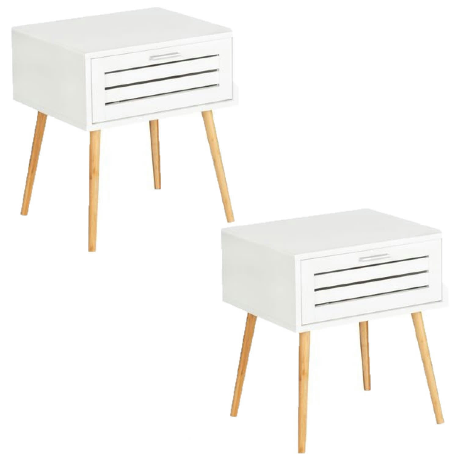 FINJA - Lot de 2 tables de chevet avec 1 tiroir en bambou et mdf blanc