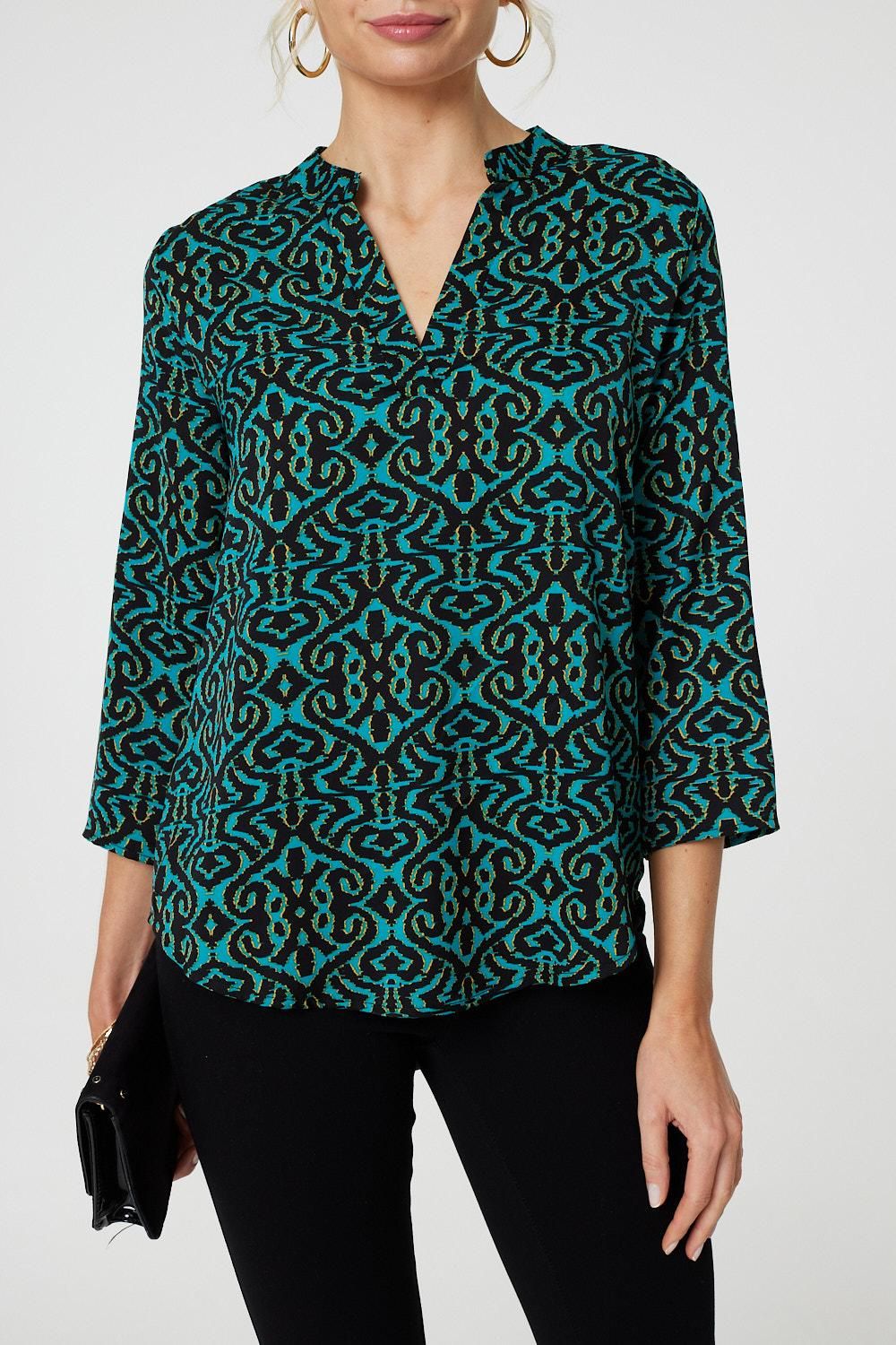 Izabel London Aztec Print 3/4 Sleeve Curve Hem Blouse