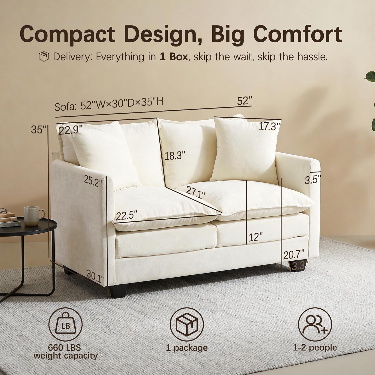 52 Loveseat Sofa, Modern Love Seat Couches, Small Loveseat for Small Spaces, Comfy Chenille Deep Seat Cloud Loveseat with 2 Pillows for Living Room, Bedroom,Apartment and Office, Beige