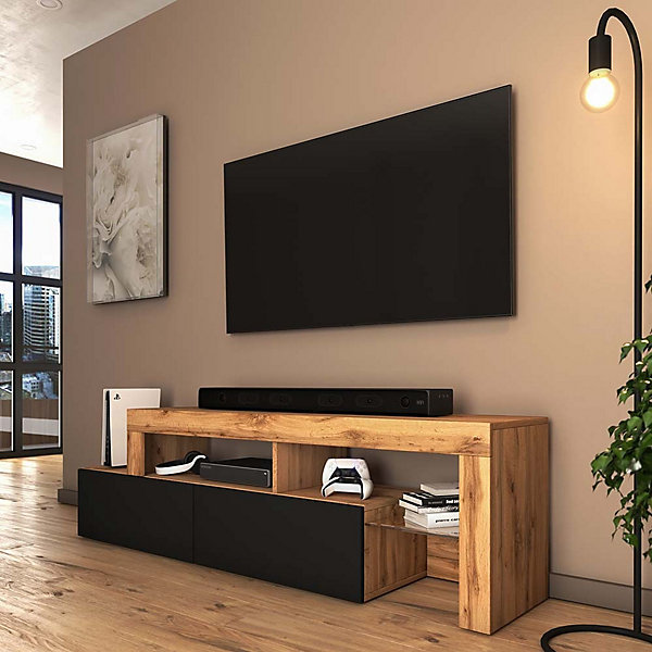 Meuble TV 172 cm chêne wotan avec façade noire et LED ASTEN