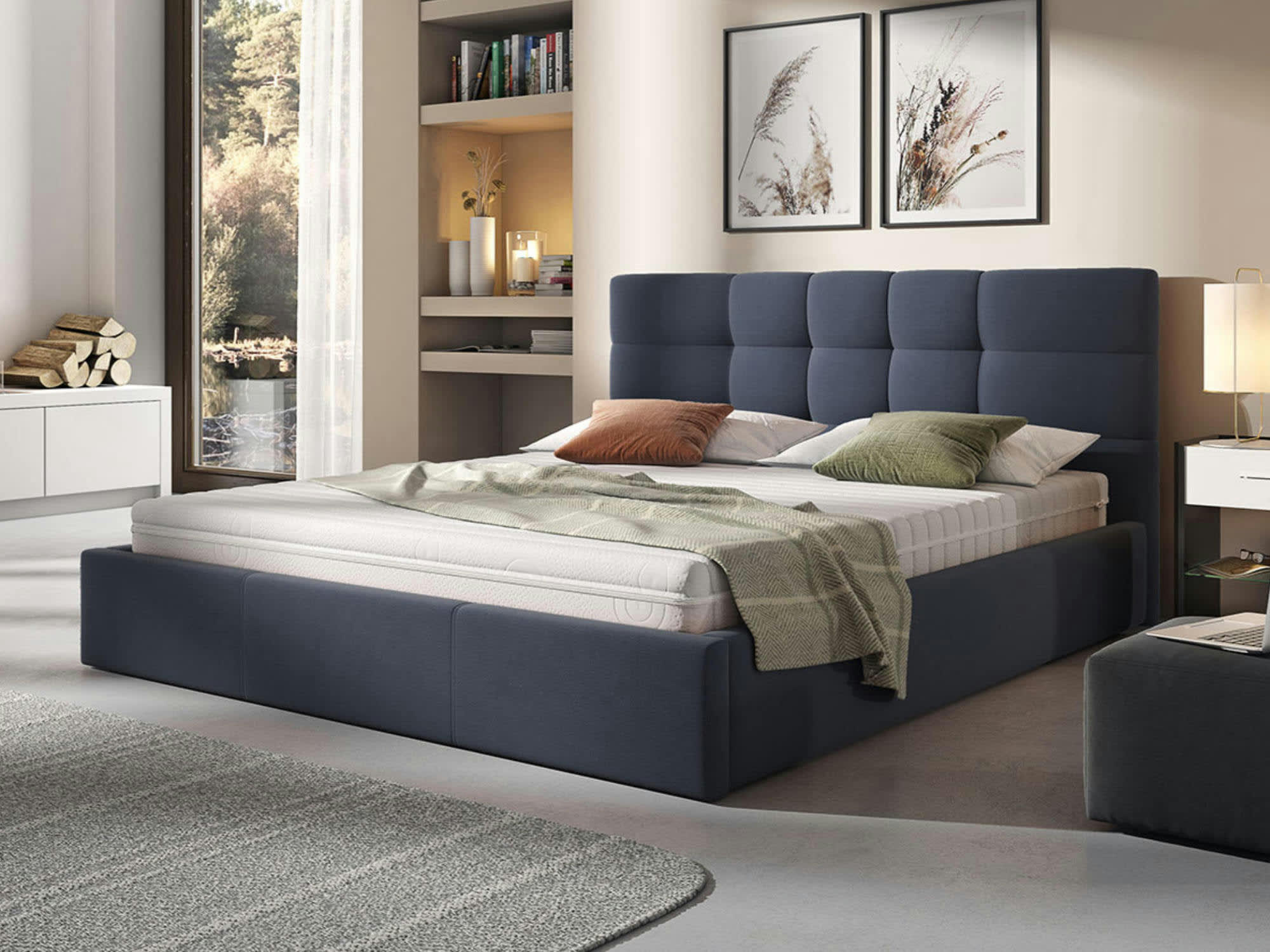 MAEL - Lit coffre en Tissu 180x200 bleu ardoise