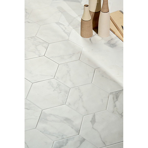 Carrelage sol / mur hexagonal effet marbre blanc mate 25x21,6 cmSCULTOREA statuario vena argento esagona J469