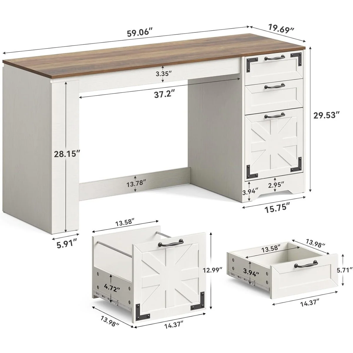 Farmhouse 59-Inch Engineered Wood Computer Desk with 3 Drawers