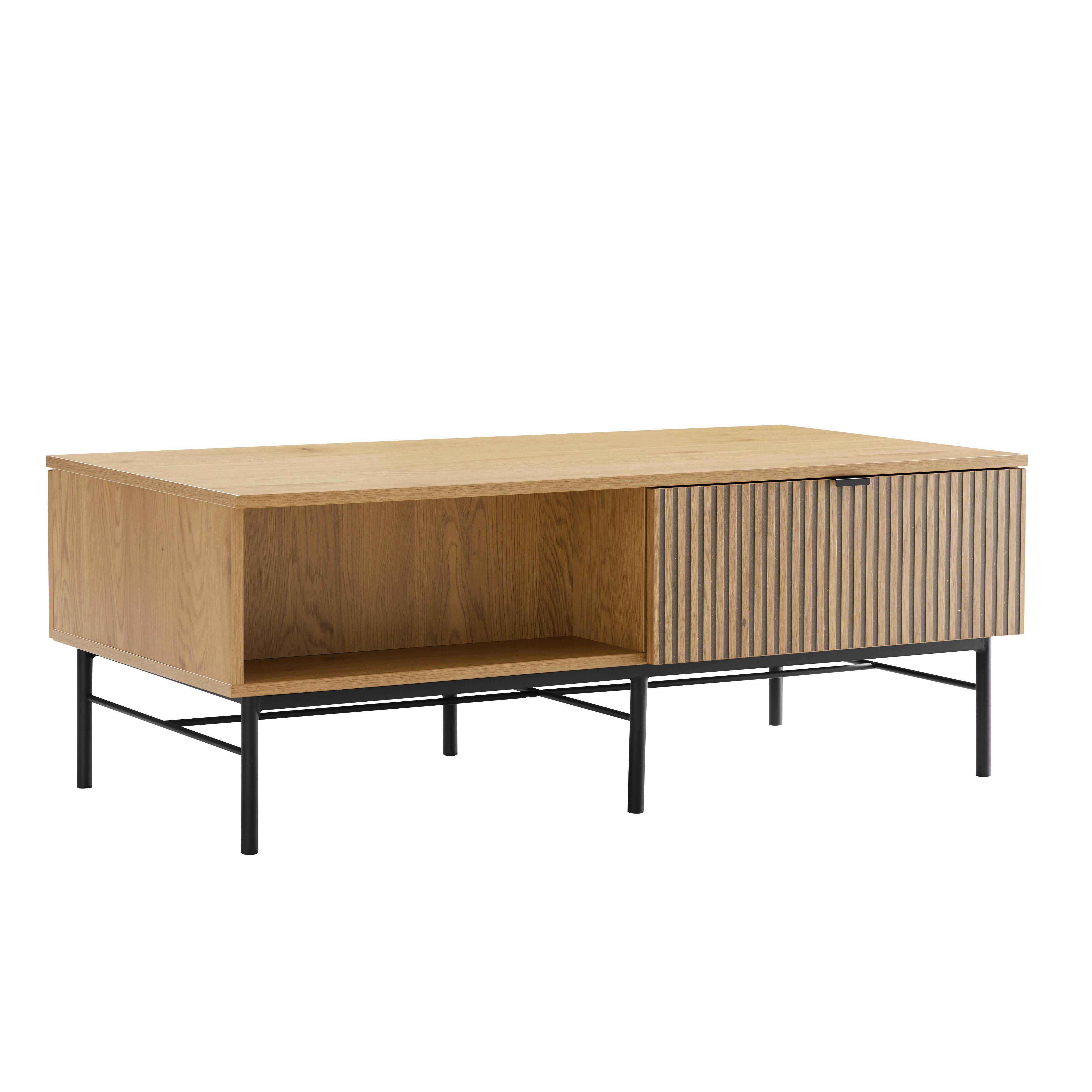 Table basse 2 tiroirs décor effet bois rainuré noir/naturel OLETTA