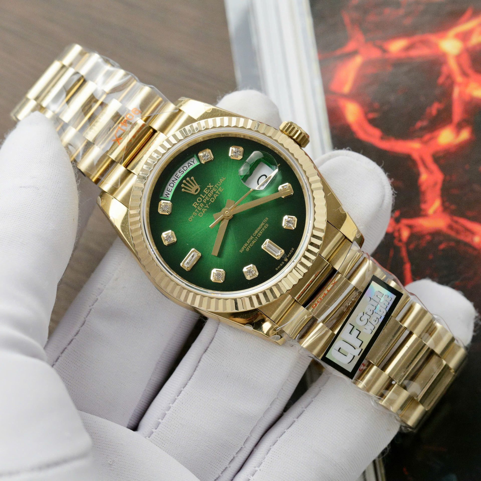 Rolex Day-Date 128238 YG Plated Ombre Green Dial CZ Diamonds 36mm Super Clone