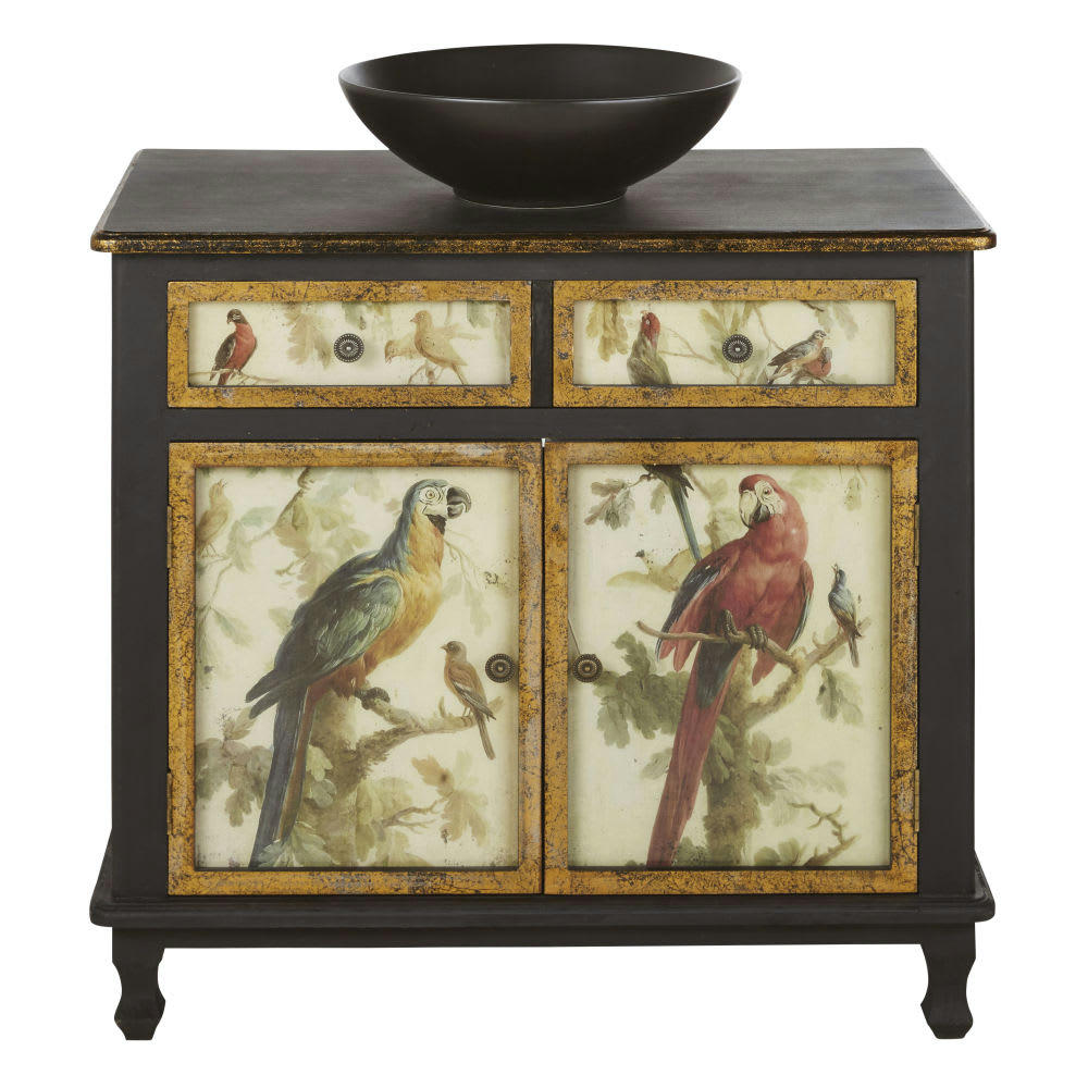 Perroquet - Meuble vasque de salle de bains 1 tiroir 2 portes en sapin noir et motifs perroquets