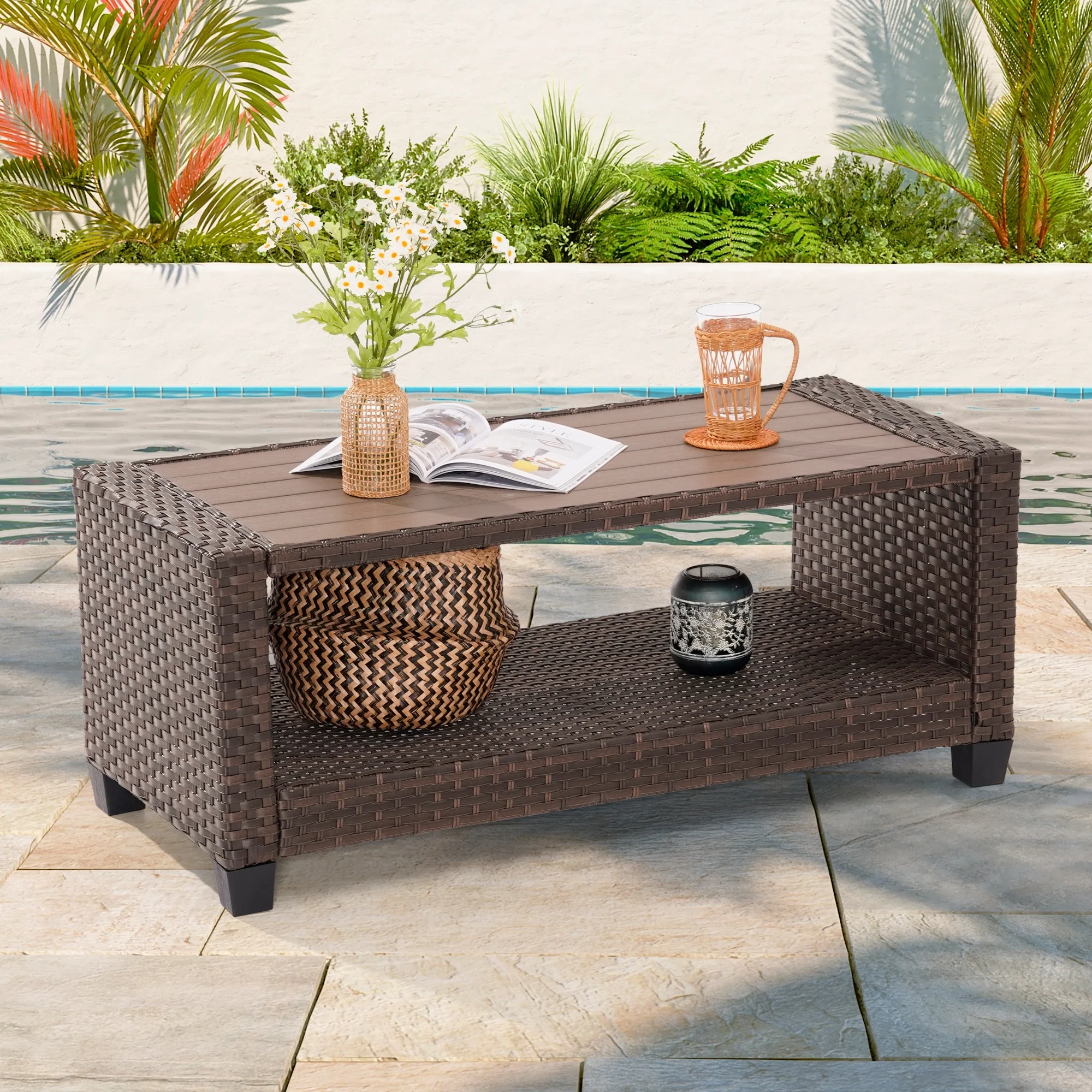 BONOSUKI Outdoor PE Rattan Side Table,Rectangular Coffee HIPS Tabletop