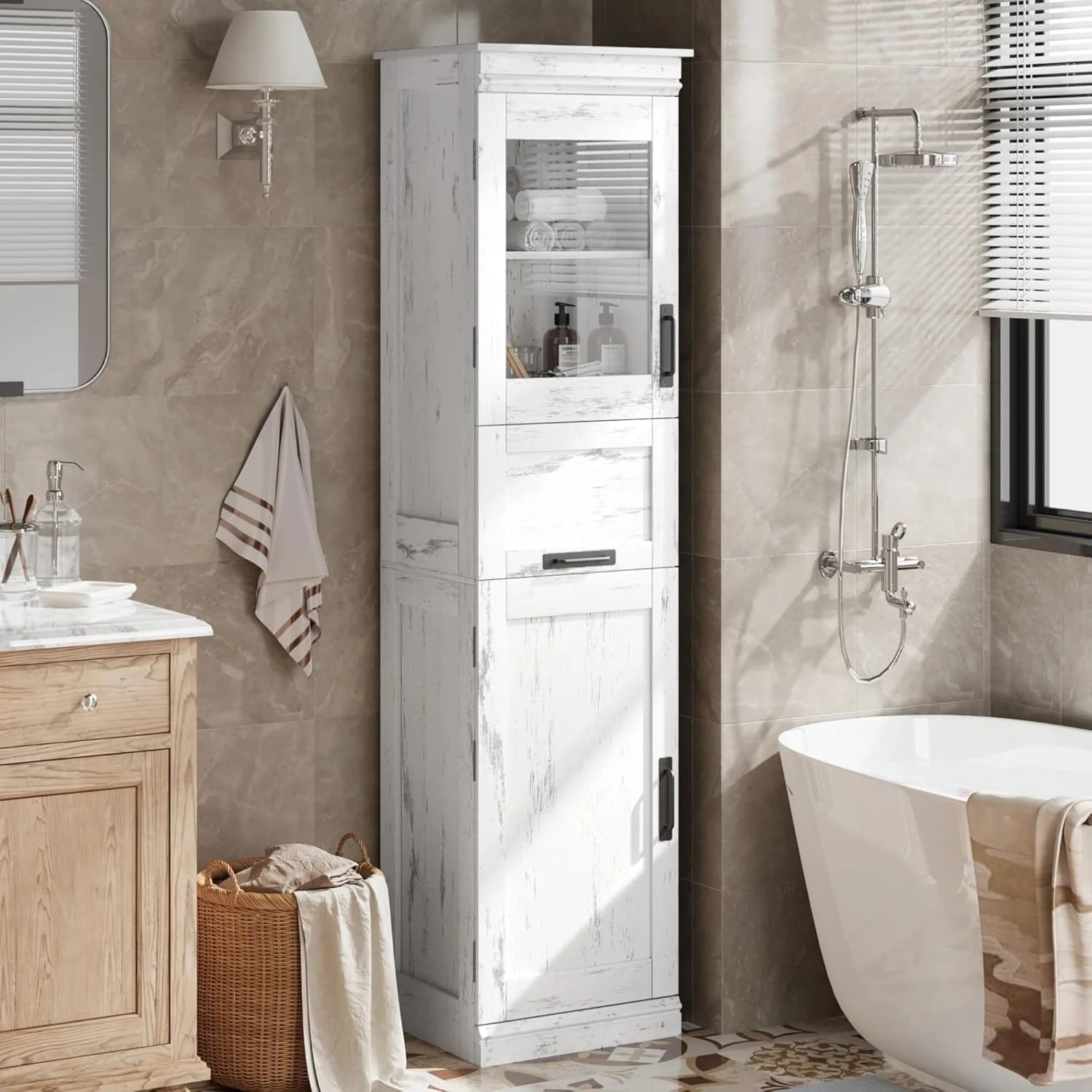 Tall Bathroom Cabinet, Freestanding Storage Cabinet with Glass Doors