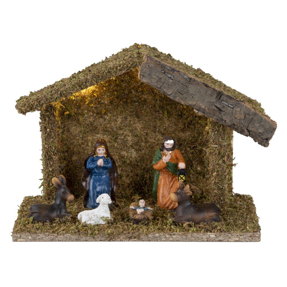 Crèche de No&euml;l en bois et mousse avec personnages et lumière H13cm