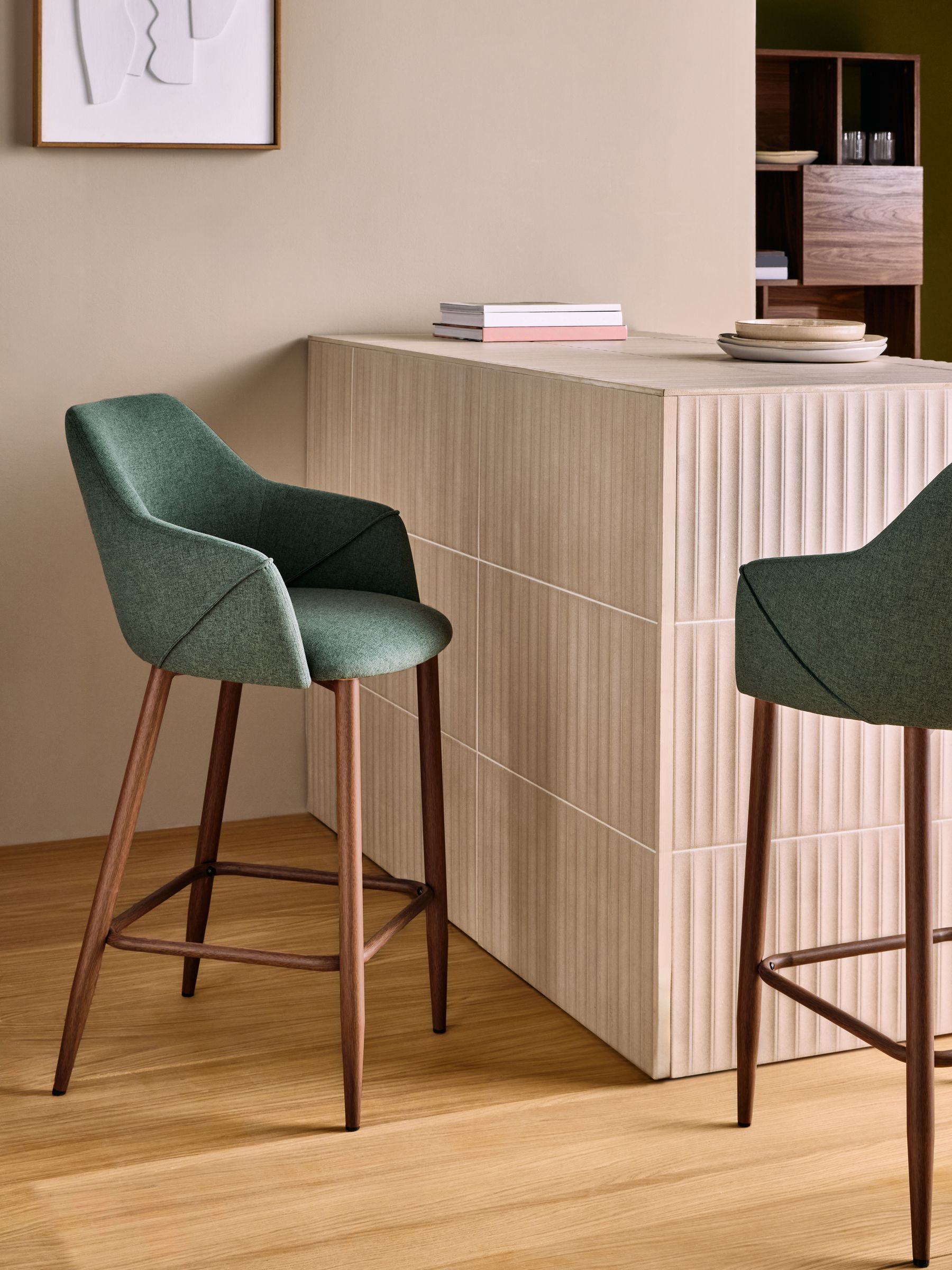Lule Bar Stool in Bay Green and Walnut Effect Legs