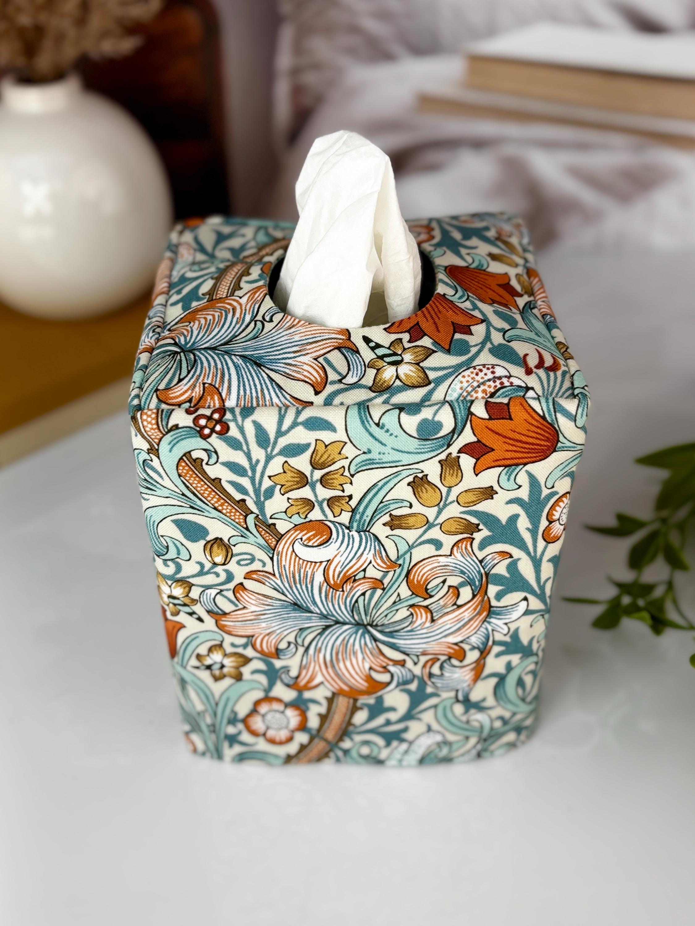 William Morris Strawberry Thief Aqua Tissue Box Cover | Reversible Fabric Floral Bird Decor | Handmade Cottage Home USA