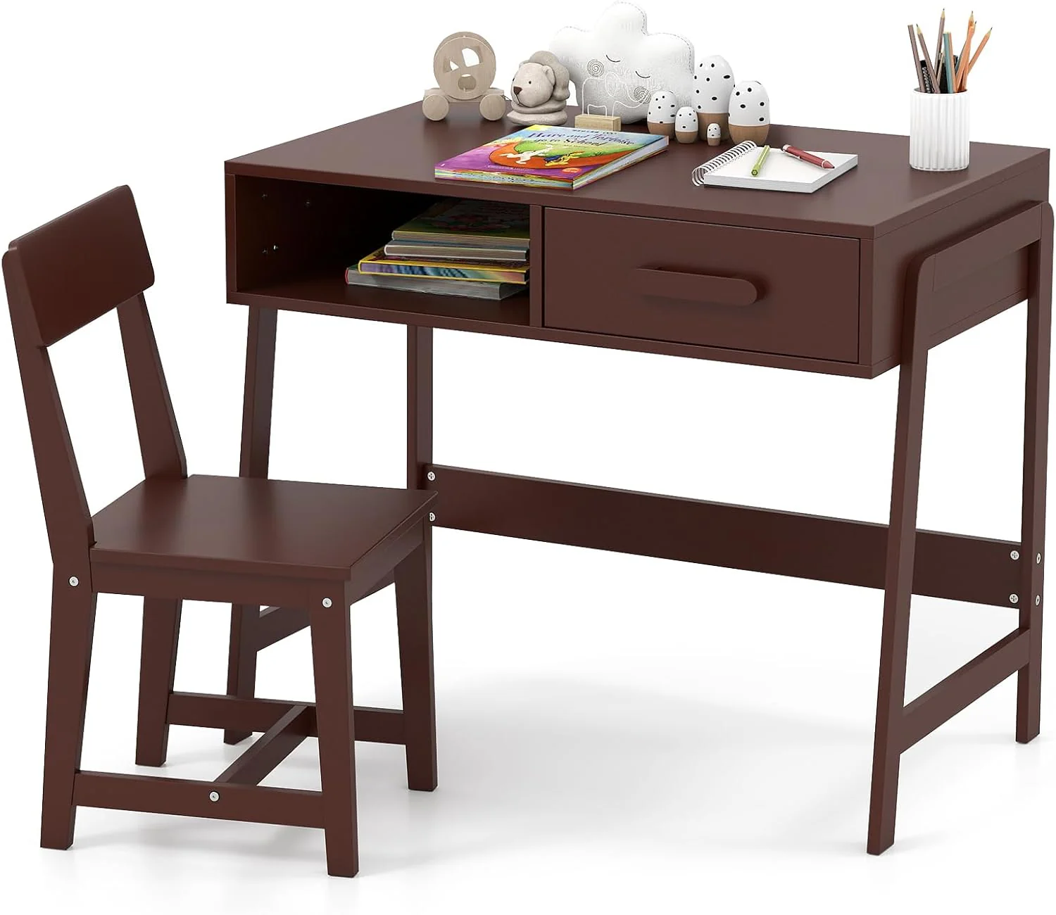 Kids Desk and Chair Set, Wooden Children School Study Table and Chair w/Storage Drawer & Hutch, Student Writing Desk Computer Workstation for Bedroom, Gift for 3  Years Old (White)