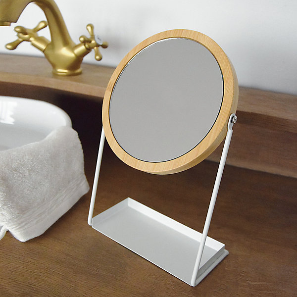 Miroir salle de bains, rond, à poser, en bambou et métal blanc Levasseur Garden