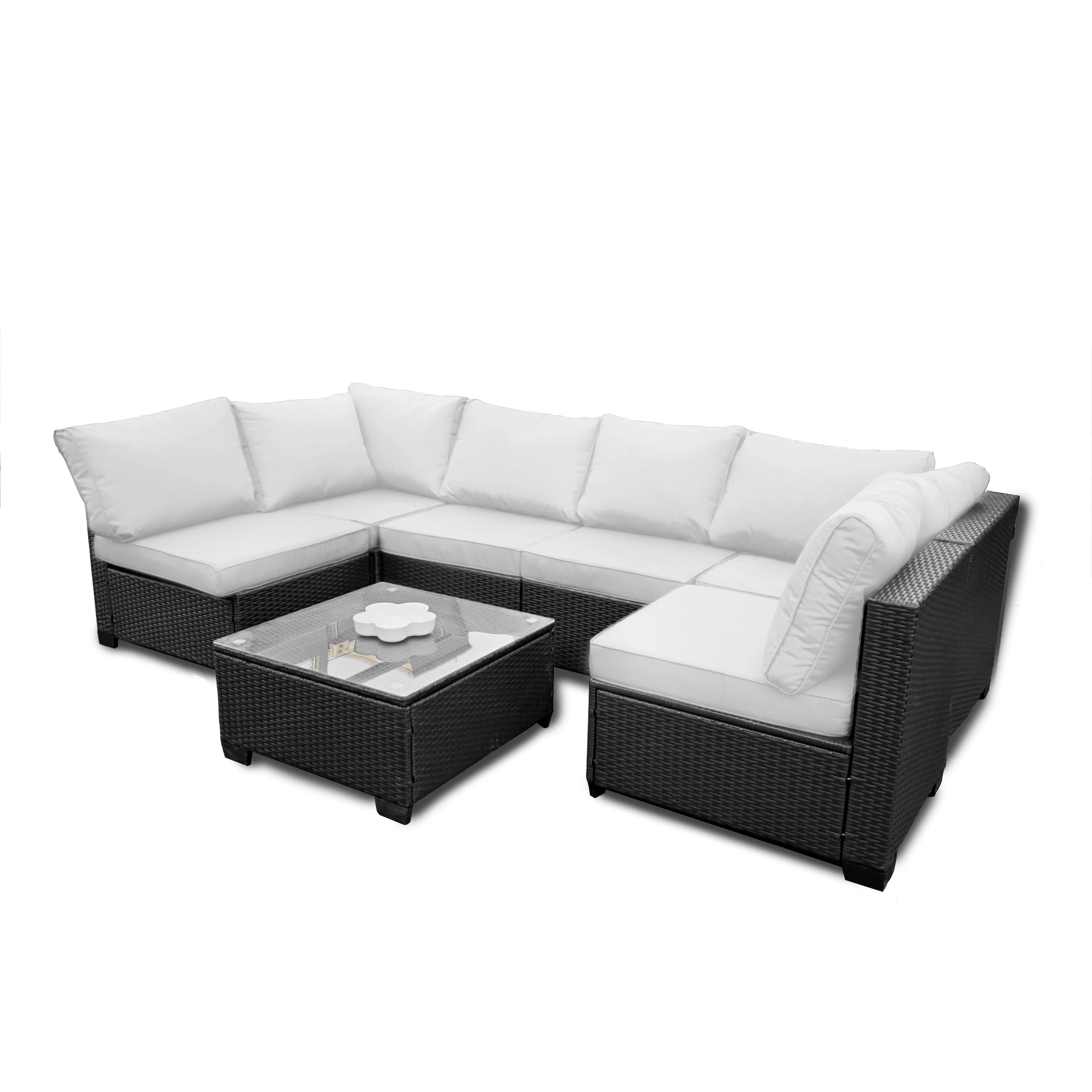Seven-Piece Sofa Set Table With Sofa Chair Black PE Rattan Outdoor Furniture With Beige Color Cushion