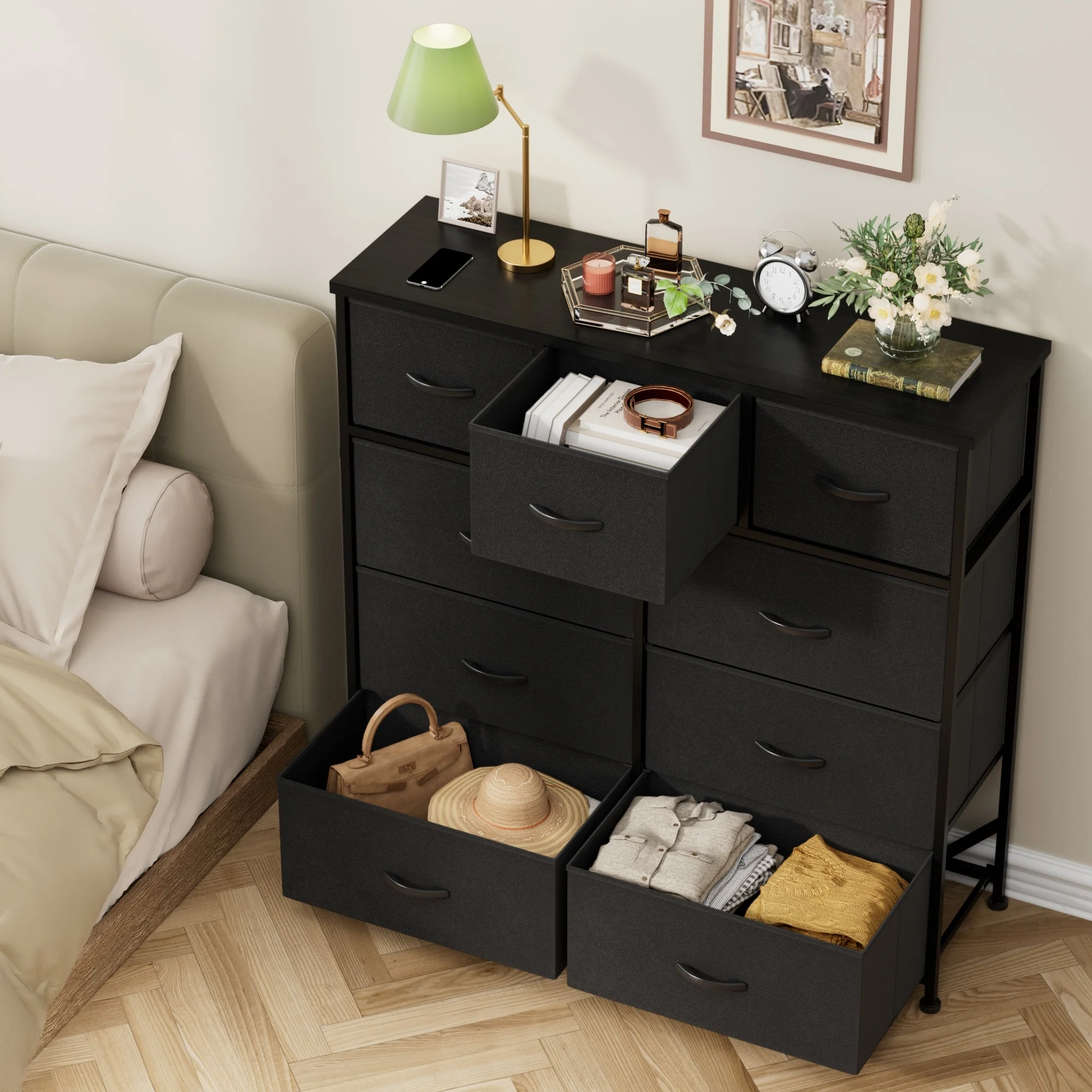 Furniwell 9 Drawer Fabric Dresser Chest of Drawer Cabinet, Black