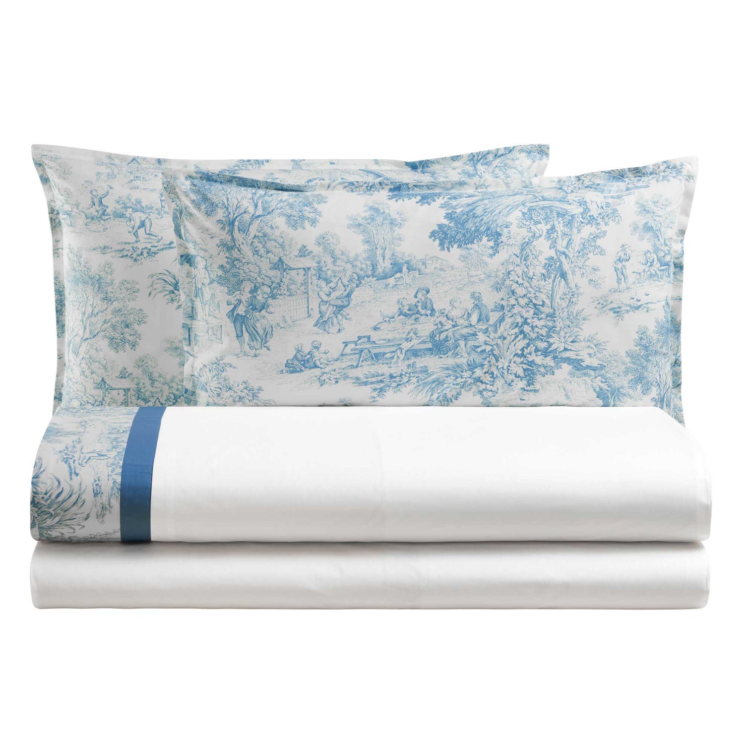 Completo letto matrimoniale Toile de Jouy blu Biancoperla