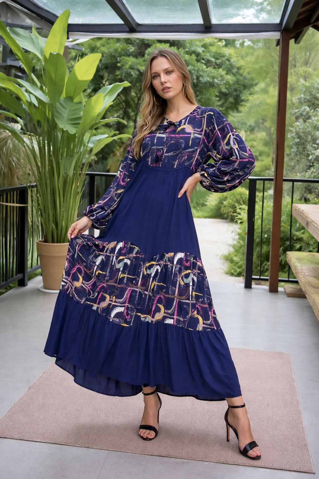 Belissh Abstract Panel Maxi Dress in Navy Blue